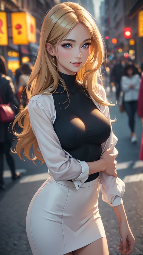 (best quality,4k,8k,highres,masterpiece:1.2),ultra-detailed,(realistic,photorealistic,photo-realistic:1.37),studio lighting,professional,portrait,beautiful detailed eyes,beautiful detailed lips,extremely detailed eyes and face,long eyelashes,Korean delicate facial features,glossy blonde hair,slender long legs,tall figure,fitting red business suit,fashionable mini skirt,sophisticated cleavage,confident posture,gorgeous smile,natural and radiant makeup,professional photo street photo,photographer capturing her charm,subtle and elegant lighting,vivid colors with a hint of warmth