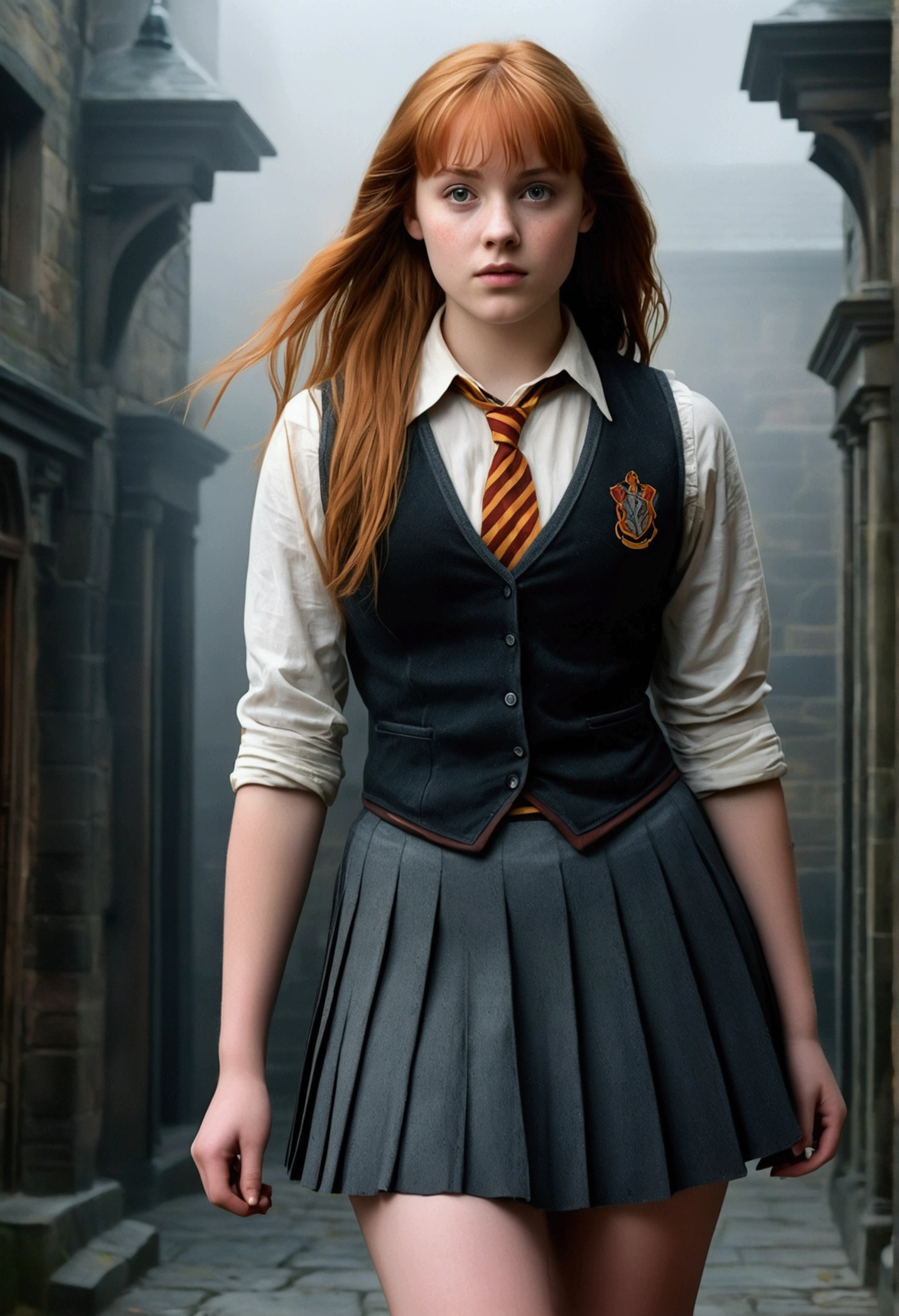 An illustrated movie poster, hand-drawn, full color, a teenage Hogwarts student, 18-years-old, female, wearing a charcoal vest and a pleated skirt, athletic hourglass figure, busty bosoms, full wide hips, massive round butt, long shapely legs, ridiculously thick powerful thighs, vibrant eyes, deep dark auburn hair, thick shaggy bangs, flushed sun-kissed complexion, freckles, resembles Deborah Ann Woll, standing in a foggy Hogwarts courtyard, surrounded by mist, graphite shading, stencil marks, airbrushed acrylic paint, masterpiece, close-up shot, in the style of the Deathly Hallows