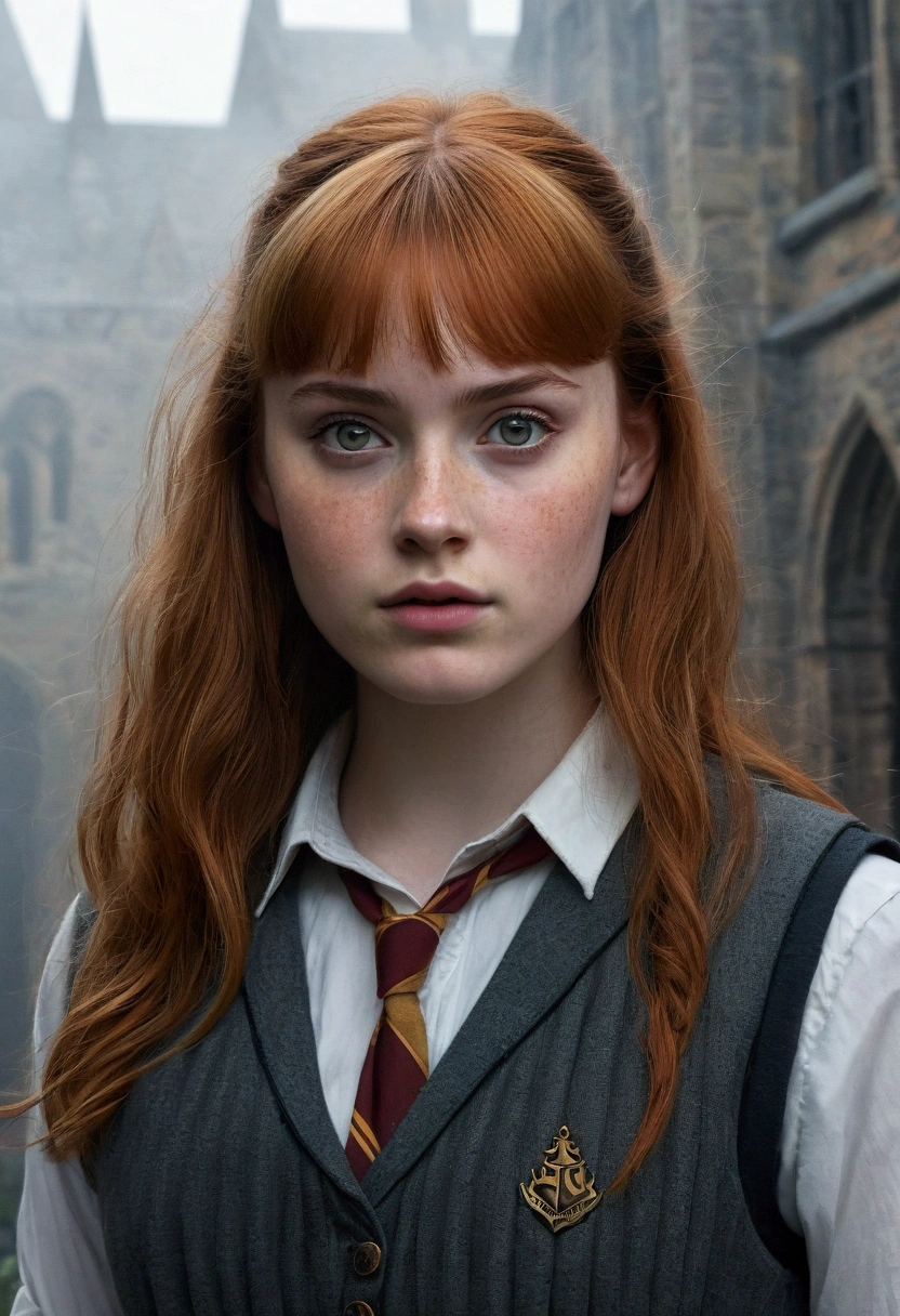 An illustrated movie poster, hand-drawn, full color, a age Hogwarts student, 18-years-old, female, wearing a charcoal vest and a pleated skirt, athletic hourglass figure, busty bosoms, full wide hips, massive round butt, long shapely legs, ridiculously thick powerful thighs, vibrant eyes, deep dark auburn hair, thick shaggy bangs, flushed sun-kissed complexion, freckles, resembles Deborah Ann Woll, standing in a foggy Hogwarts courtyard, surrounded by mist, graphite shading, stencil marks, airbrushed acrylic paint, masterpiece, close-up shot, in the style of the Deathly Hallows
