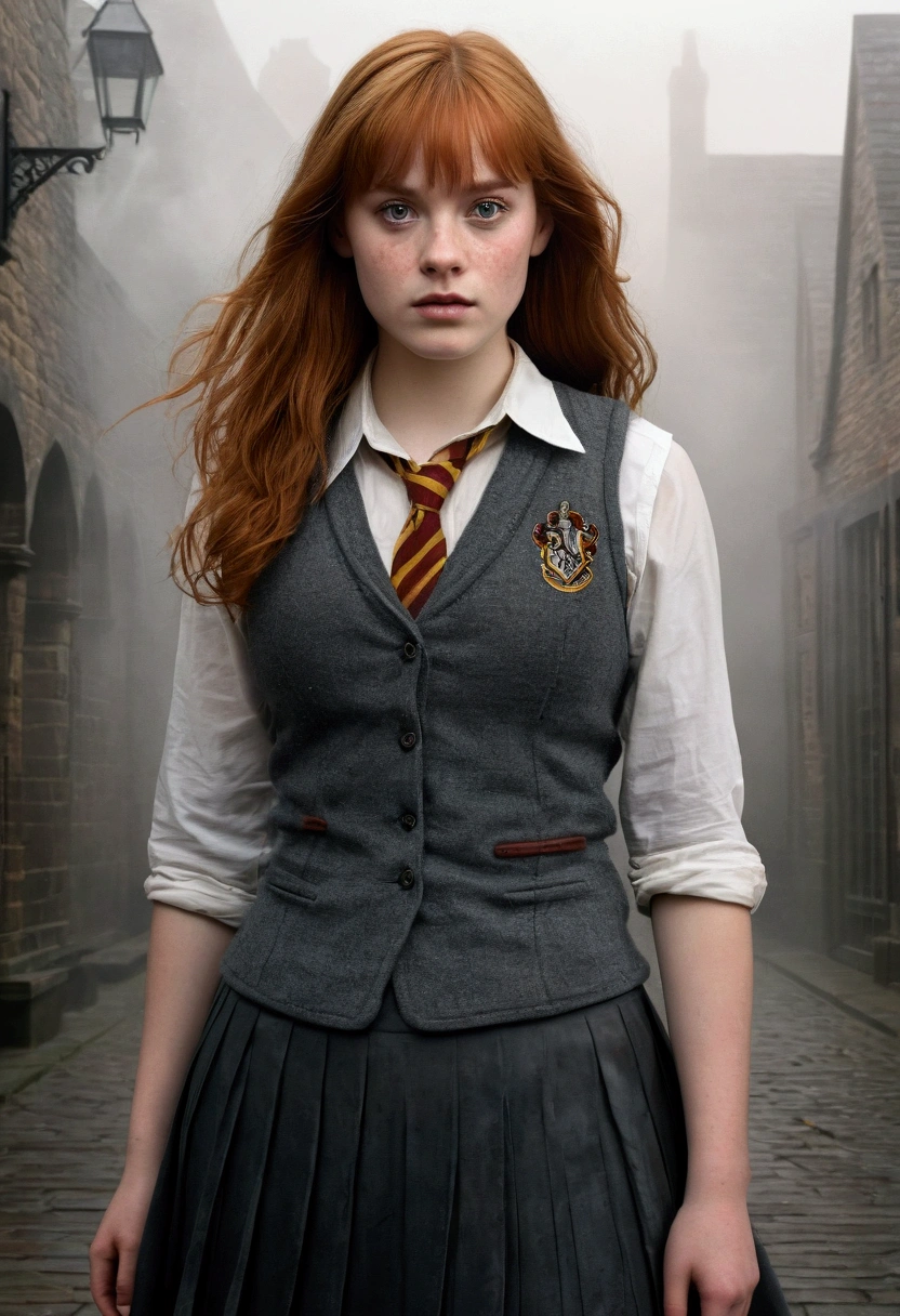 An illustrated movie poster, hand-drawn, full color, a teenage Hogwarts student, 18-years-old, female, wearing a charcoal vest and a pleated skirt, athletic hourglass figure, busty bosoms, full wide hips, massive round butt, long shapely legs, ridiculously thick powerful thighs, vibrant eyes, deep dark auburn hair, thick shaggy bangs, flushed sun-kissed complexion, freckles, resembles Deborah Ann Woll, standing in a foggy Hogwarts courtyard, surrounded by mist, graphite shading, stencil marks, airbrushed acrylic paint, masterpiece, close-up shot, in the style of the Deathly Hallows