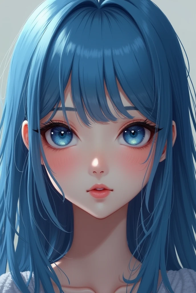 beautiful white girl with long blue hair, big blue eyes, parts, Smooth dark circles and beautiful lips in ultra quality