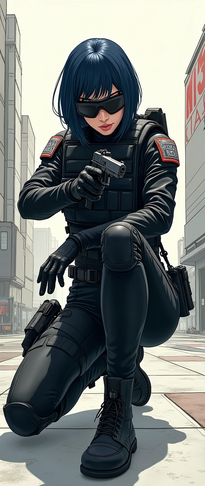 (masterpiece,Distinguished Quality,Mirror-like,Cinematic Experience,insanely detailed,absurdres),8k,wallpaper,,(Best illustrations:2.0),(One Woman:2.0),(Motoko Kusanagi:2.0),(Ghost in the Shell-style worldview:2.0),BREAK(Black tactical bodysuit:2.0),(Heavy black bulletproof vest:2.0),(Black gloves:2.0),(Tactical Boots:2.0),(Navy Blue Hair),(Wearing tactical goggles:2.0),(Tactical data is displayed on the computer goggles.:1.6),BREAK(Short Bob:2.0),(Detailed Cyber Goggles Drawing:2.0),(Detailed female hand drawing:2.0),(sexy:2.0),(He kneels down and aims a pistol at me.:2.0),(Raise your right knee:2.0),(Point the pistol towards me:2.0),(The background is Tokyo, where science and technology have developed.:2.0),(sf:2.0)