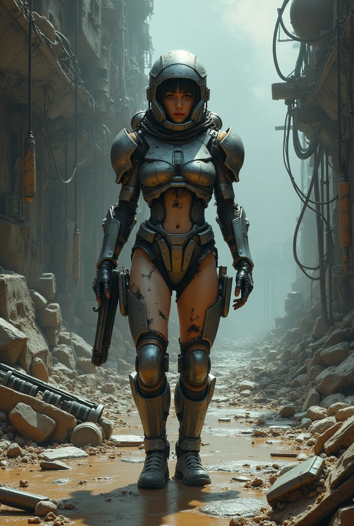 A stranded fully armored female Cyborg Soldier in an abandoned Battle Starship Shipwreck, metal cable wire, circuit cables, dystopian futuristic scene, realistic style in Don Lawrence brush stroke, oil on canvas, octane render with dramatic lighting and strong shadows, her clothing is tattered and worn out, she has a scar or battle wound, she is wearing a futuristic helmet or visor, she has mechanical enhancements like cybernetic eyes, the shipwreck environment feels eerie and desolate, there is some broken machinery or equipment around her, and her expression is determined and battle-worn