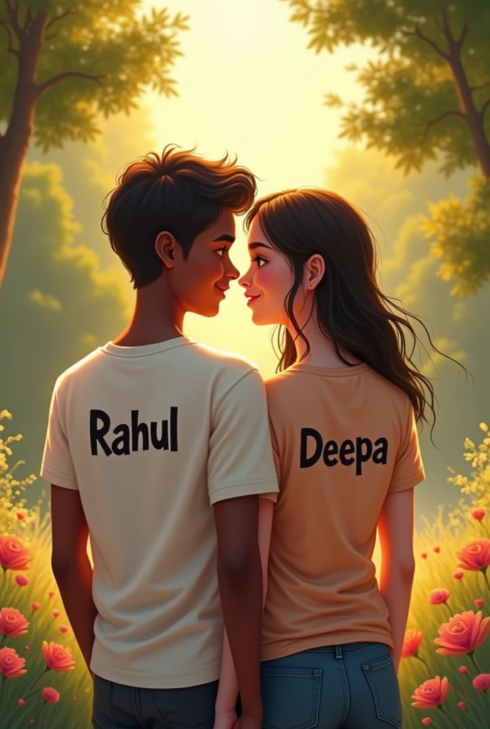 A 16 years little black skin color boy wearing a t-shirt in which printed letter is "Rahul "
And boy is marriage with 16 years cute white girl whose t-shirt is print with letter "Deepa"at a centre of nature