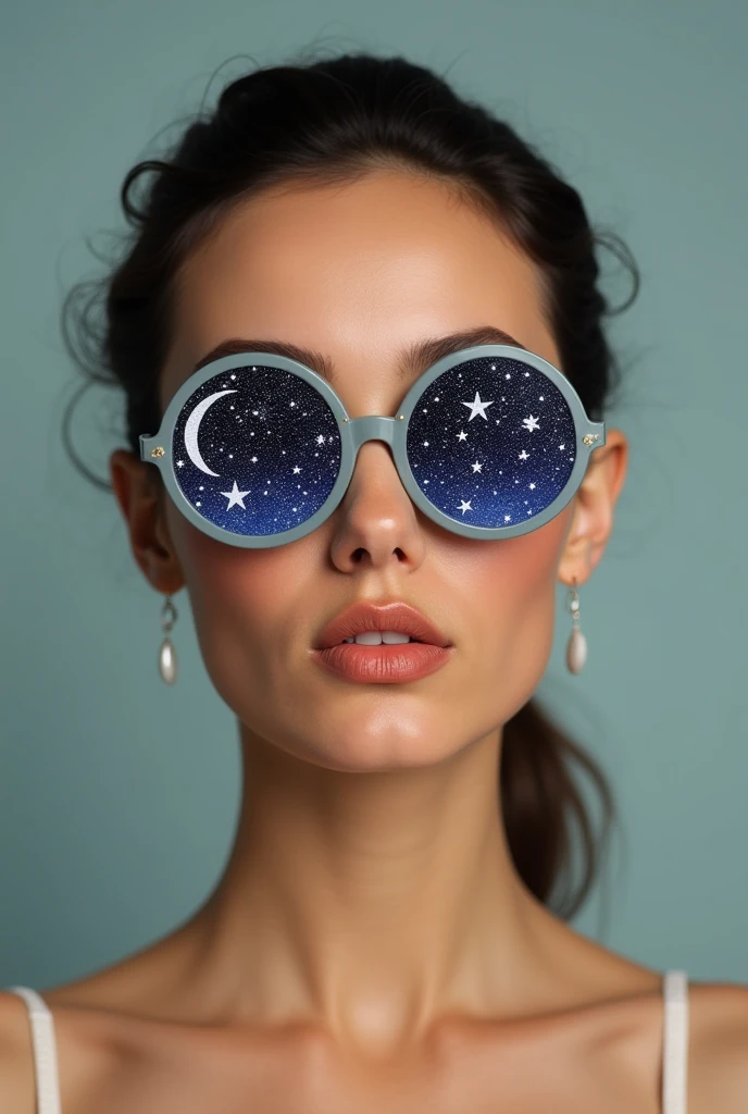 The model is wearing glass sunglasses with stars and the moon on the glass