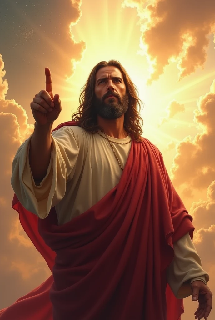 Wonderful Jesus Christ with a serious look pointing his finger forward, with a sky with rays in the background