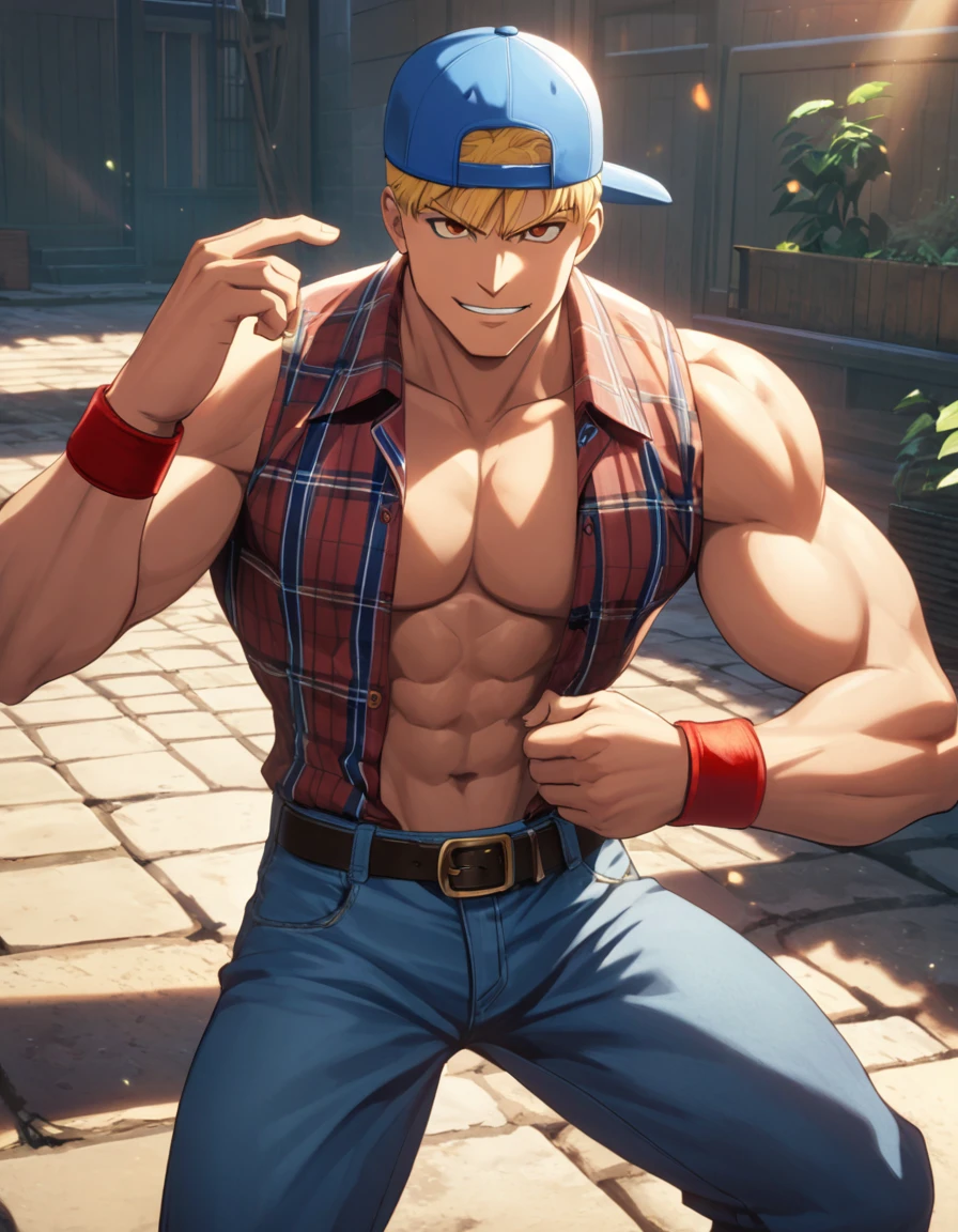 man, naughty heroic guy in fighting game, great muscular, crewcut, solid thug, gallant yankee, blond hair, brown eyes, BREAK sharp eyes, thick abs, sanpaku, abs, BREAK backwards hat, blue cap, open shirt, cropped shirt, red collared shirt, sleeveless shirt, brown plaid shirt, jeans, red wristbands, BREAK >:>, smug, cool emotion, toned body, BREAK solo, upperlegs, dynamic expression, game keyvisual, 1990s, in capcom art style, in nitroplus style, BREAK depth of field, dutch angle, cinematic shadows, cinematic lighting, lens flare, light leaks, texture, absurdres absolutely resolution, extreme all detailed, greatest painting, BREAK masterpiece, best quality