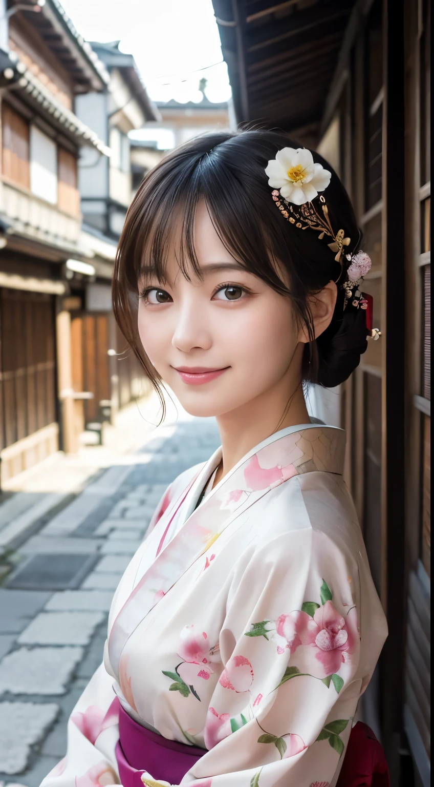 Professional Lighting,(Photorealistic:1.4), (Top image quality:1.0), (超High resolution:1.0), 8k, Raw photography, (masterpiece:0.2), (Facing the children_v1:0.5)、(最高quality Detail:1.2)、Realistic、8k UHD、High resolution、(1 person:1.2)、超detailedな、High quality textures、複雑なdetailed、detailed、Very detailed CG、High quality shadows、detailed 美しく繊細な顔、Beautiful details and a delicate eye、(Symmetrical eyes:1.2),Written boundary depth、Ray Tracing,1 person, Japanese, (Natural smile:1.4),cute, thin, Portrait of a beautiful Japanese woman in a kimono, Standing elegantly on a street corner in Kyoto. Kimono with vibrant traditional patterns, Hair decorated with elegant and delicate hairpins, Gentle expression. (With the old streets of Kyoto in the background:1.4)、The soft light of a spring afternoon、Adding tranquility to the scene. Rendered in a Realistic style with great attention to detail, High resolutionの画像.Sky Porn, Magic Hour, (Realistic:1.3), finely, quality, (Tabletop:1.2), (Realistic:1.2), (最高quality), (複雑なdetailed), dramatic, Ray Tracing, photograph, +roller