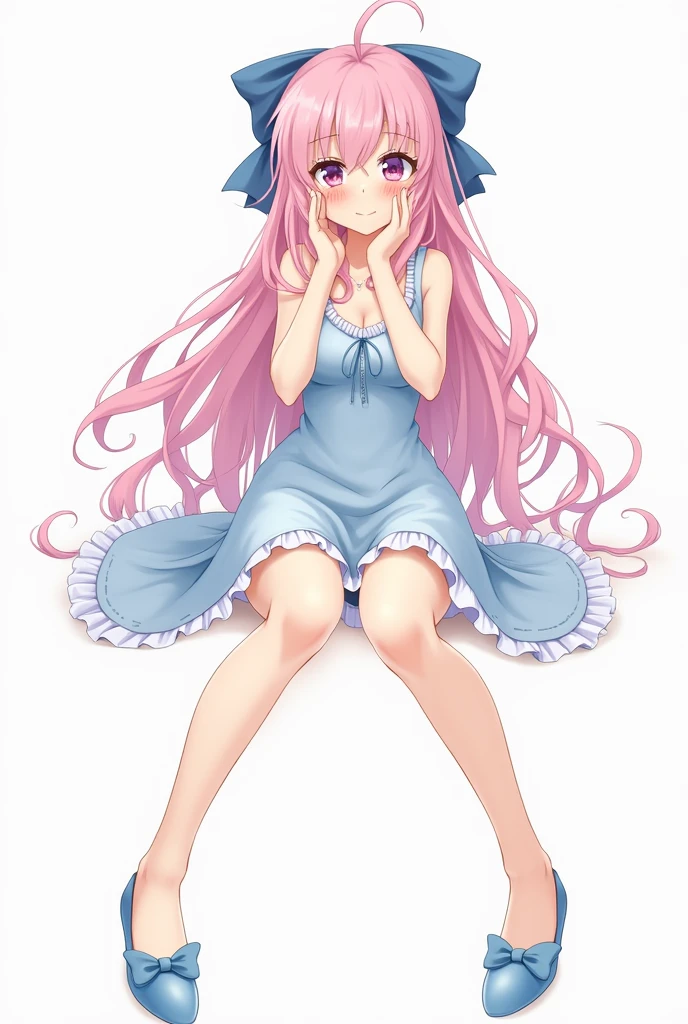Anime woman with embarrassed face sitting facing forward with long pink hair with a big bow and light blue dress showing her legs open at 45 degrees upwards showing her panties and buttocks with blue flat shoes with a bow