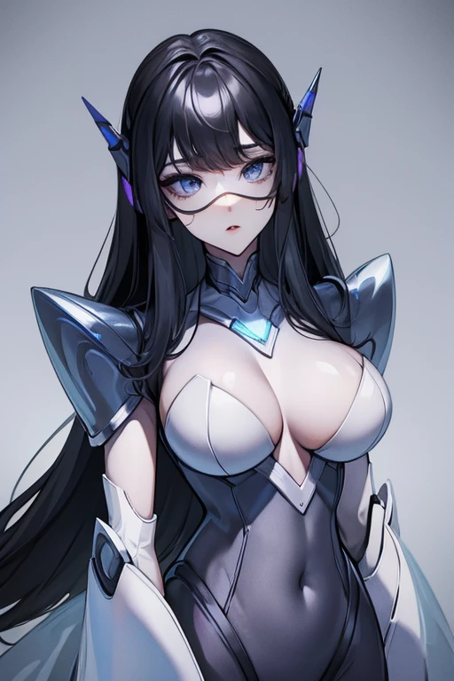 empty eyes,robotization,woman ,big bust,Robot Joint ,Metal skin,Black Suit,long hair,a black suit that covers the whole body