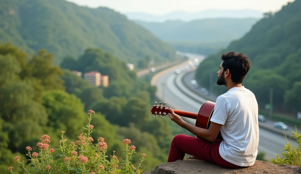 A 21 old(Indian white facial) man singing a pop song playing guitar, seating on heights place looking under the city, green hill, highway from height ppace , the small flowers around the boy, background blur 0%,(boy upper were color is red and bottom were is white),( highly detailed),(vivid) realistic image 4k HDR