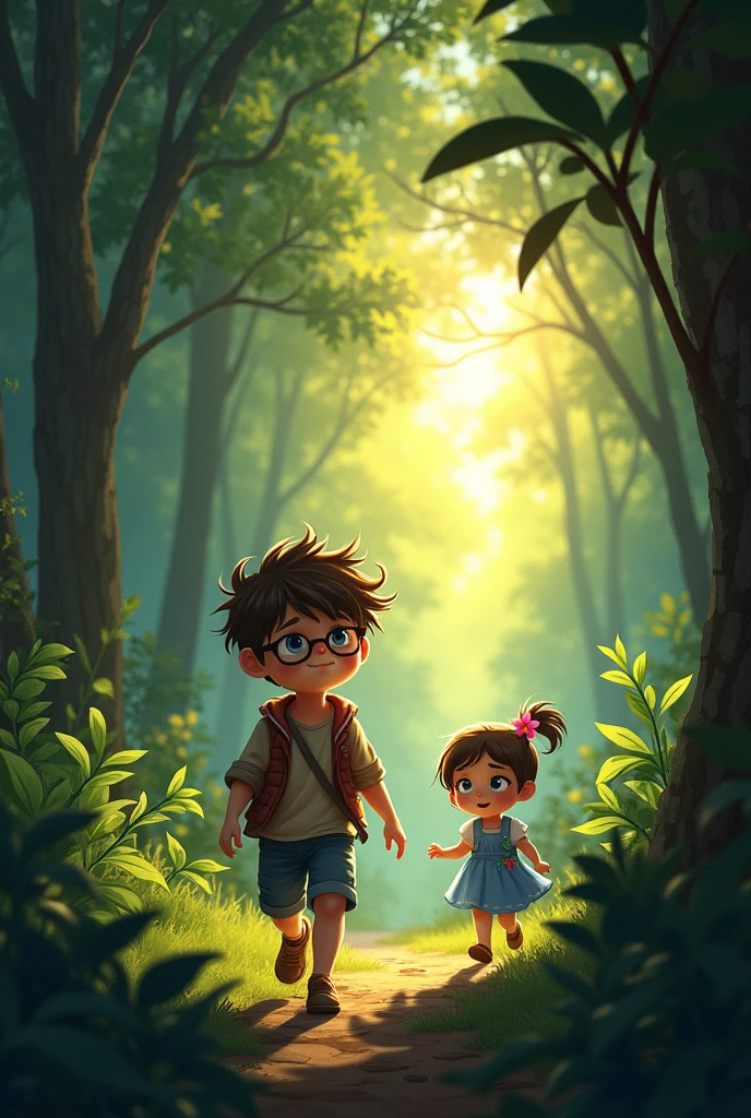 **Panel 1: The Forest Under the Setting Sun**
Description: A dense, magical forest with tall, leafy trees filtering the golden light of the sunset. The lush vegetation is in dark green hues. In the distance, the small figures of Ángel and Cielo can be seen running among the trees.
Ángel: A 9-year-old boy with brown, slightly wavy, and messy hair. He wears glasses that frame his bright blue eyes. He is dressed in casual clothes with scratches and bruises on his arms and legs, showing his adventurous nature.
Cielo: A 4-year-old girl with short brown hair that reaches just above her ears. She has a small pink flower in her hair. She wears a blue dress with tiny white floral dots.