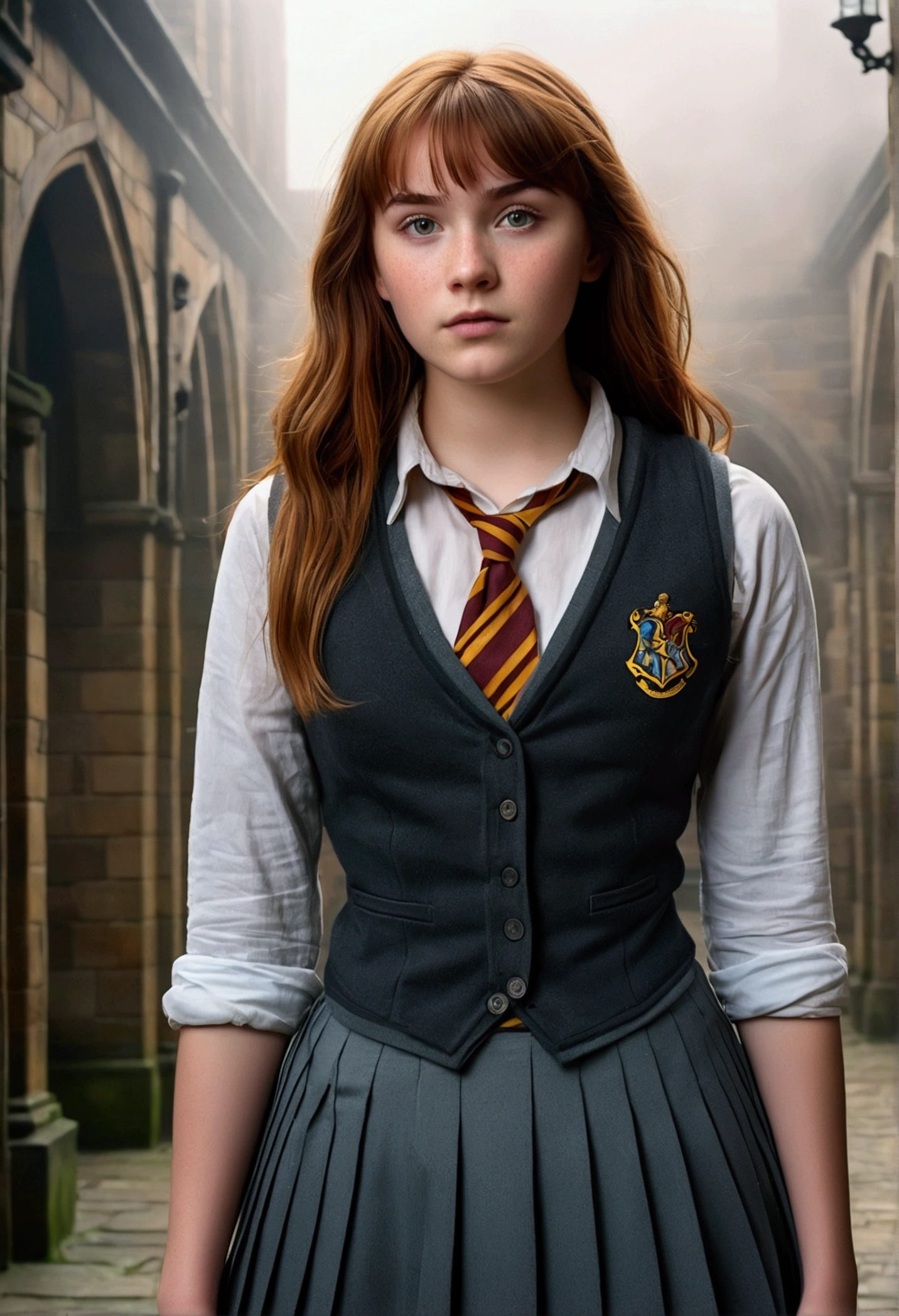 An illustrated movie poster, hand-drawn, full color, a teenage Hogwarts student, 18-years-old, female, wearing a charcoal vest and a pleated skirt, athletic hourglass figure, busty bosoms, full wide hips, massive round butt, long shapely legs, ridiculously thick powerful thighs, vibrant eyes, deep dark auburn hair, thick shaggy bangs, flushed sun-kissed complexion, freckles, pretty face, natural beauty, standing in a foggy Hogwarts courtyard, surrounded by mist, graphite shading, stencil marks, airbrushed acrylic paint, masterpiece, close-up shot, in the style of the Deathly Hallows