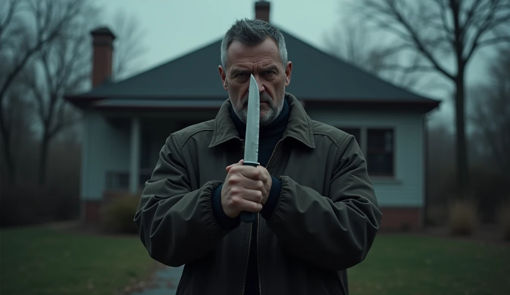 middle aged man holding knife standing in front of house, view from behind him, he looks very dangerous