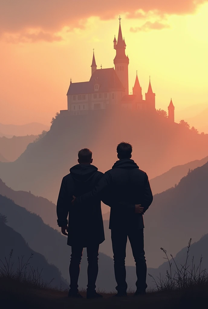Create an image, with a silhouette looking at the horizon, and a castle in the background.
Another silhouette nearby, taking care of the first. The two men standing
