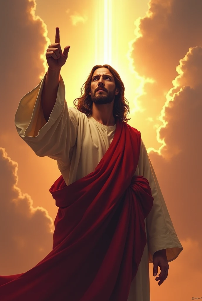 Wonderful Jesus Christ with a serious look pointing his finger forward, with a sky with rays in the background