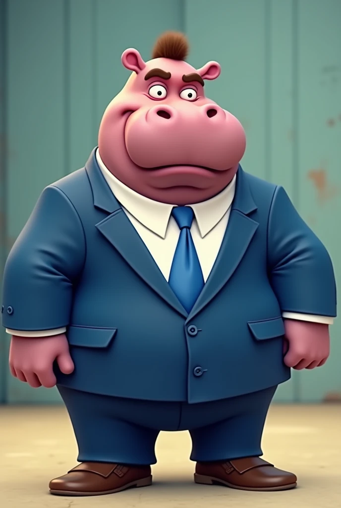 Cartoon hippo dressed as WWE wrestling manager Paul Heyman.
Cartoon hippo head. Cartoon hippo body. Cartoon hippo hands. Fat.
Balding with brown hair on the sides. Blue suit. White dress shirt. Blue tie. Brown loafers
