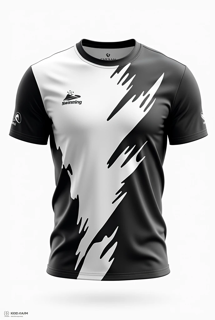Shirt templates for the front and back with a design for a swimming team with a round neck and with the colors black and white