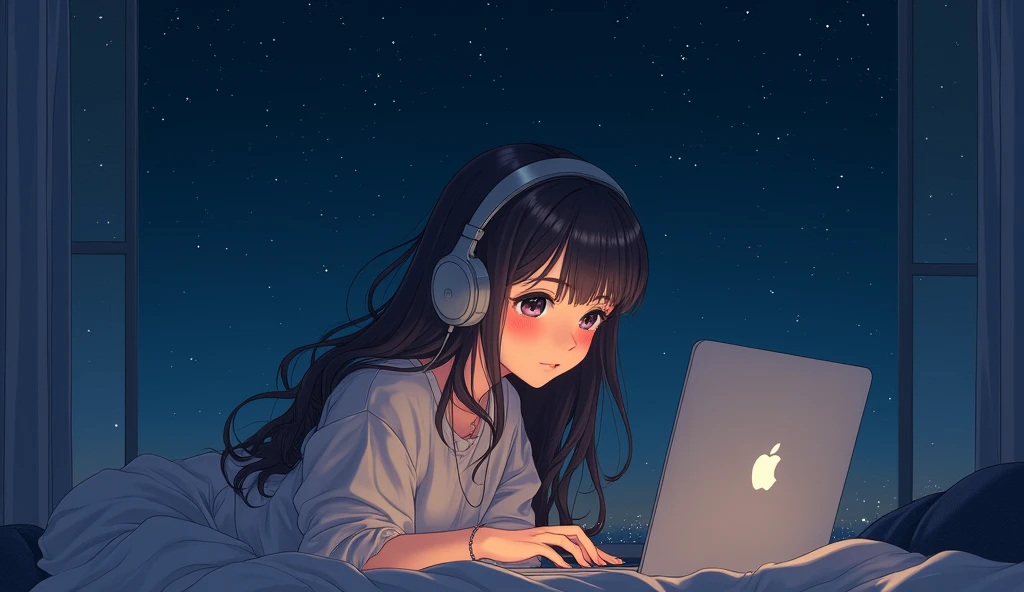 Girl working on a laptop while listening to jazz on headphones with the night sky in the background、アニメ風