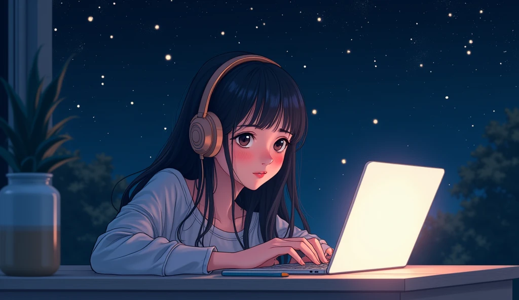 Girl working on a laptop while listening to jazz on headphones with the night sky in the background、アニメ風