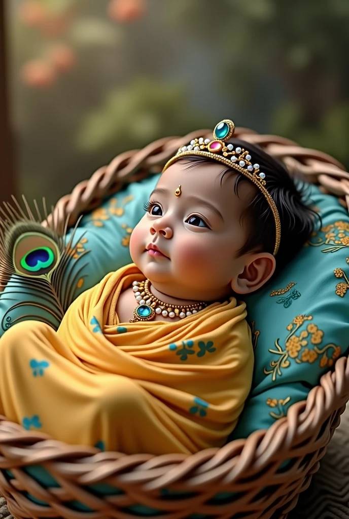 Create an image of a one  indian baby boyrapped and placed in a cute, beautiful basket,  has a crown in his head, very gently placed, a peacock feather lying besides him..divine and surreal picture..wrapped in yellow and blue silk cloth, with few gold jewelry , blur background,  full focus on the baby and the basket,  divine feel 