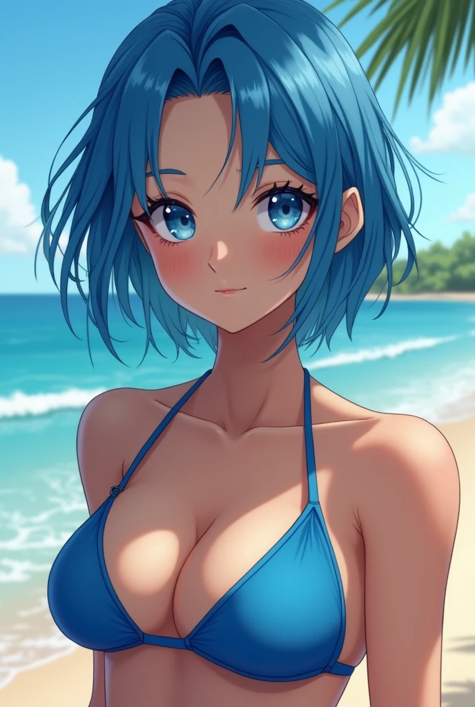 Realistic、1girl、blue hair、blue eyes、gradient eyes,(blue enamel bikini)、cute face,face focus,upper body:1.5,beach、wallpaper