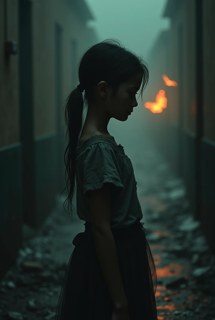 Long distance front view of abused 13 year old  orphanage girl in the dark and a glowing fiery
butterfly in the distance