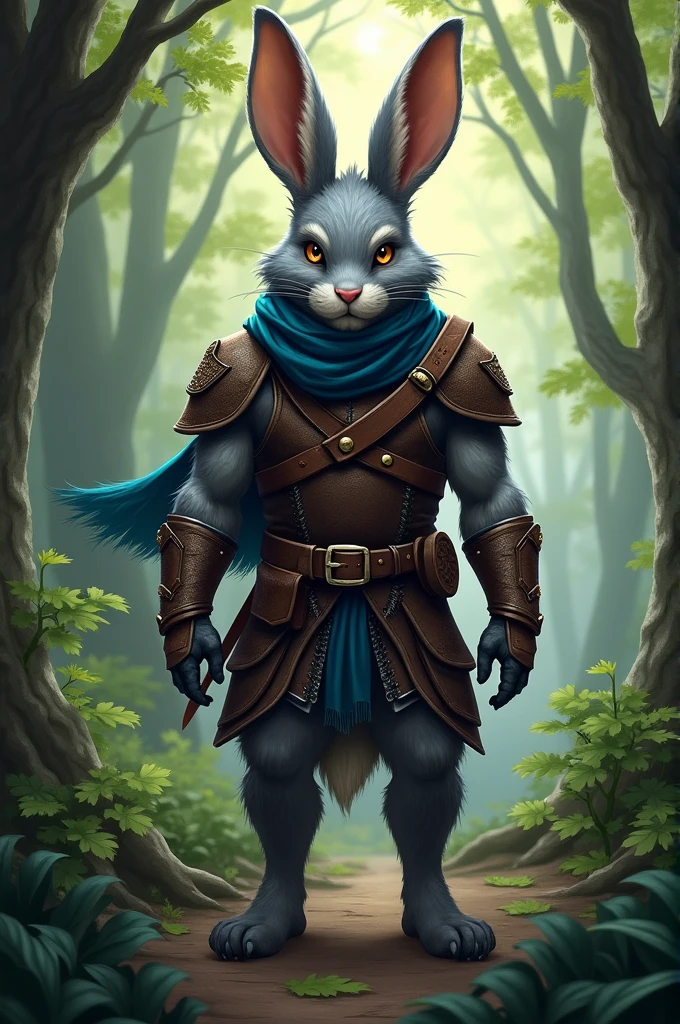 masterpiece, Alone, 1 chico, furry, thieves, conejo furry, anthropomorphic, masculine, (gray skin, gray skin), Brown eyes, scale leather armor, blue scarf, forest, uploaded on e621,