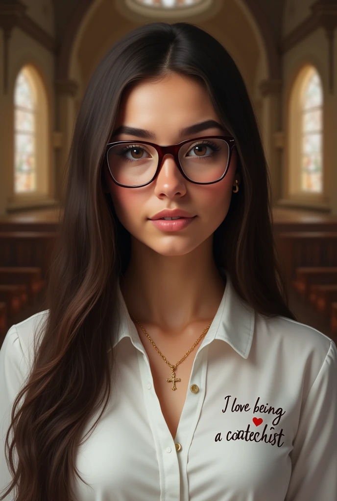 Brunette woman with very long and very straight hair and dark brown eyes, with brown rectangular glasses, con una camisa blanca que diga en el pecho amo ser catequista en español  y un ❤️  con una cruz pequeña en el cuello con un fondo de una iglesia