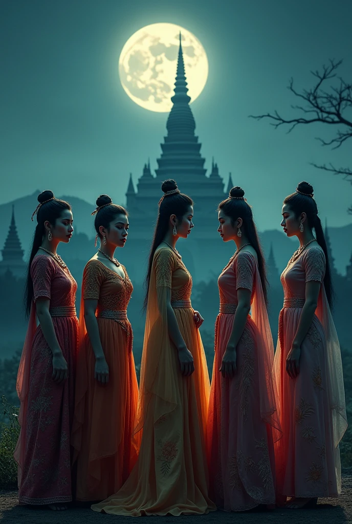 On a moonlit night, 5 women in traditional Burmese court dress are standing in front of the old Bagan pagoda and talking. #realistic #reallady #realmyanmartraditionalcostume #horrornight