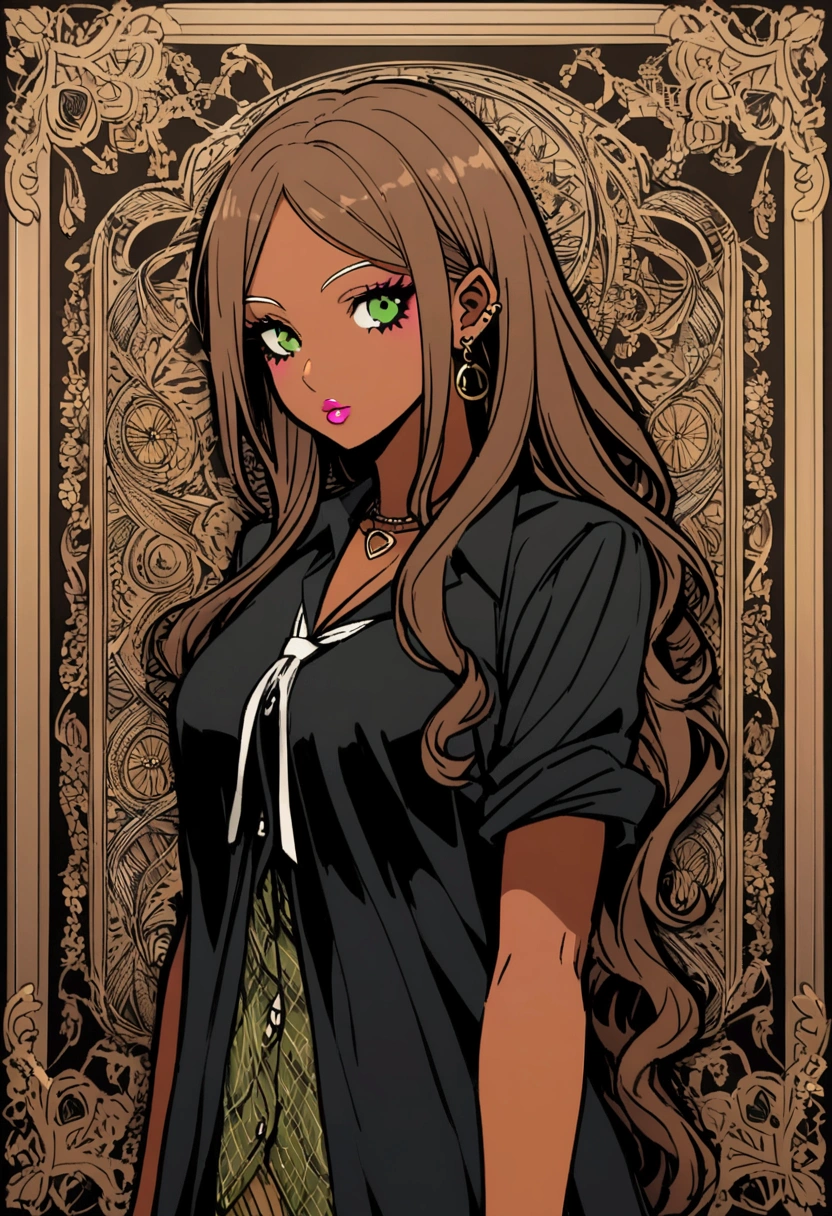 brown haired girl with dark complexion with gyaru makeup, green eyes with gyaru dark clothes