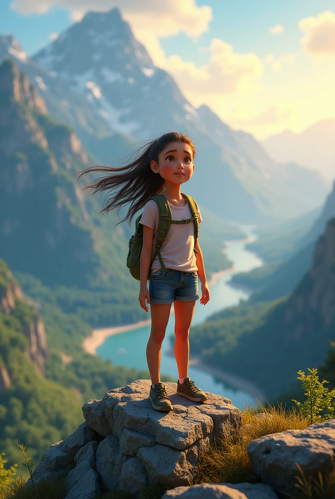 A young girl standing triumphantly on a mountaintop, with a backdrop of her adventures and discoveries, symbolizing her strength and courage.""Hyper-realistic, 8k,ultra HD, pixar style, Disney style, cinima 4d, ar 3:2