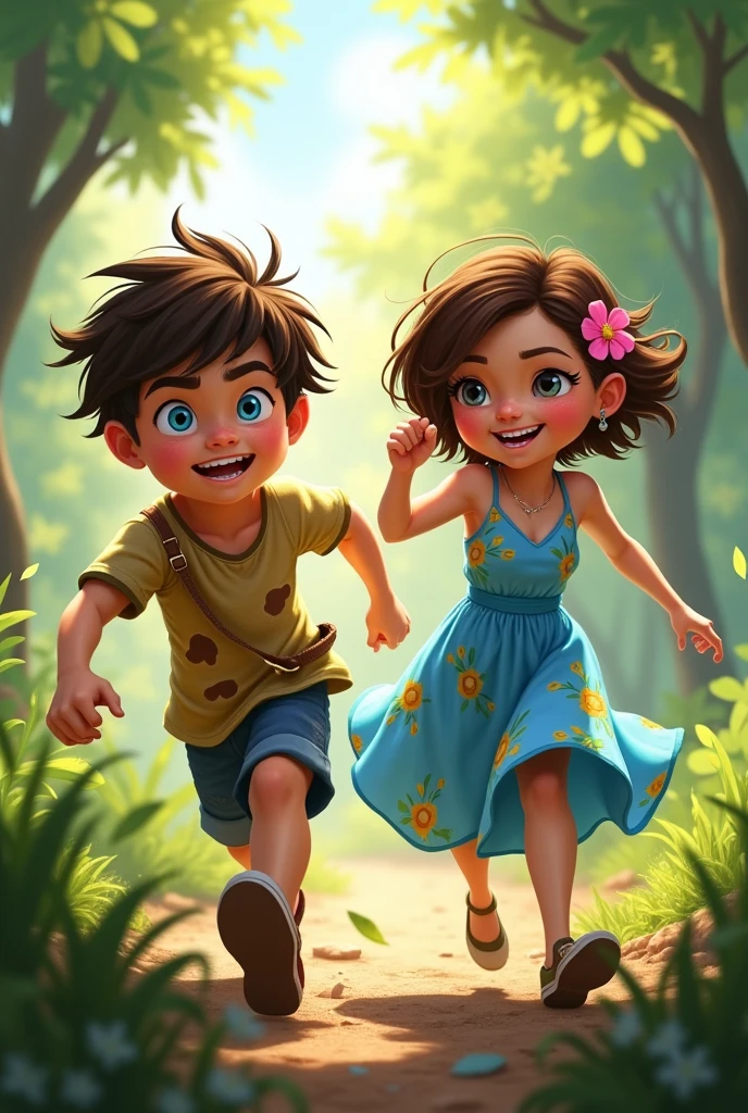 **Panel 2: Ángel Chasing Cielo**
Description: Ángel is running after Cielo through the forest. Cielo is ahead, laughing joyfully as her blue dress flutters with her movement. Ángel, with a determined and playful expression, follows closely.
Ángel: Brown, messy hair, glasses, bright blue eyes, casual clothes with visible scratches.
Cielo: Short brown hair adorned with a pink flower, blue floral dress, laughing while running.