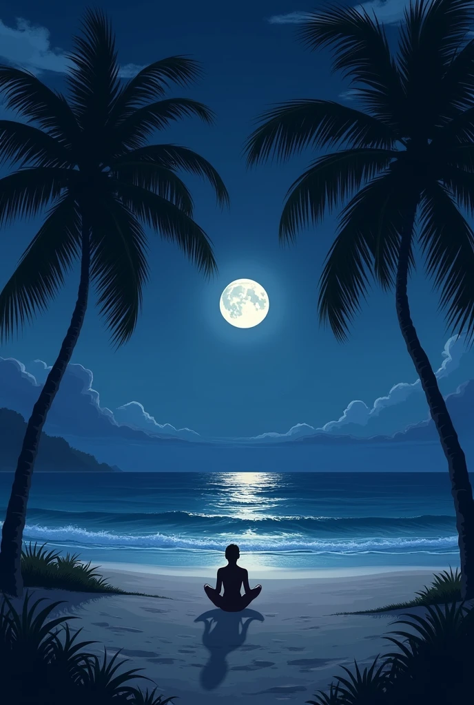 A person sitting on the beach with palm trees around it at night 
