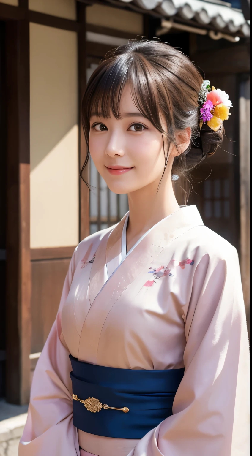 Professional Lighting,(Photorealistic:1.4), (Top image quality:1.0), (超High resolution:1.0), 8k, Raw photography, (masterpiece:0.2), (Facing the children_v1:0.5)、(最高quality Detail:1.2)、Realistic、8k UHD、High resolution、(1 person:1.2)、超detailedな、High quality textures、複雑なdetailed、detailed、Very detailed CG、High quality shadows、detailed 美しく繊細な顔、Beautiful details and a delicate eye、(Symmetrical eyes:1.2),Written boundary depth、Ray Tracing,1 person, Japanese, (Natural smile:1.4),cute, thin, Portrait of a beautiful Japanese woman in a kimono, Standing elegantly on a street corner in Kyoto. Kimono with vibrant traditional patterns, Hair decorated with elegant and delicate hairpins, Gentle expression. (With the old streets of Kyoto in the background:1.4)、The soft light of a spring afternoon、Adding tranquility to the scene. Rendered in a Realistic style with great attention to detail, High resolutionの画像.Sky Porn, Magic Hour, (Realistic:1.3), finely, quality, (Tabletop:1.2), (Realistic:1.2), (最高quality), (複雑なdetailed), dramatic, Ray Tracing, photograph, +roller