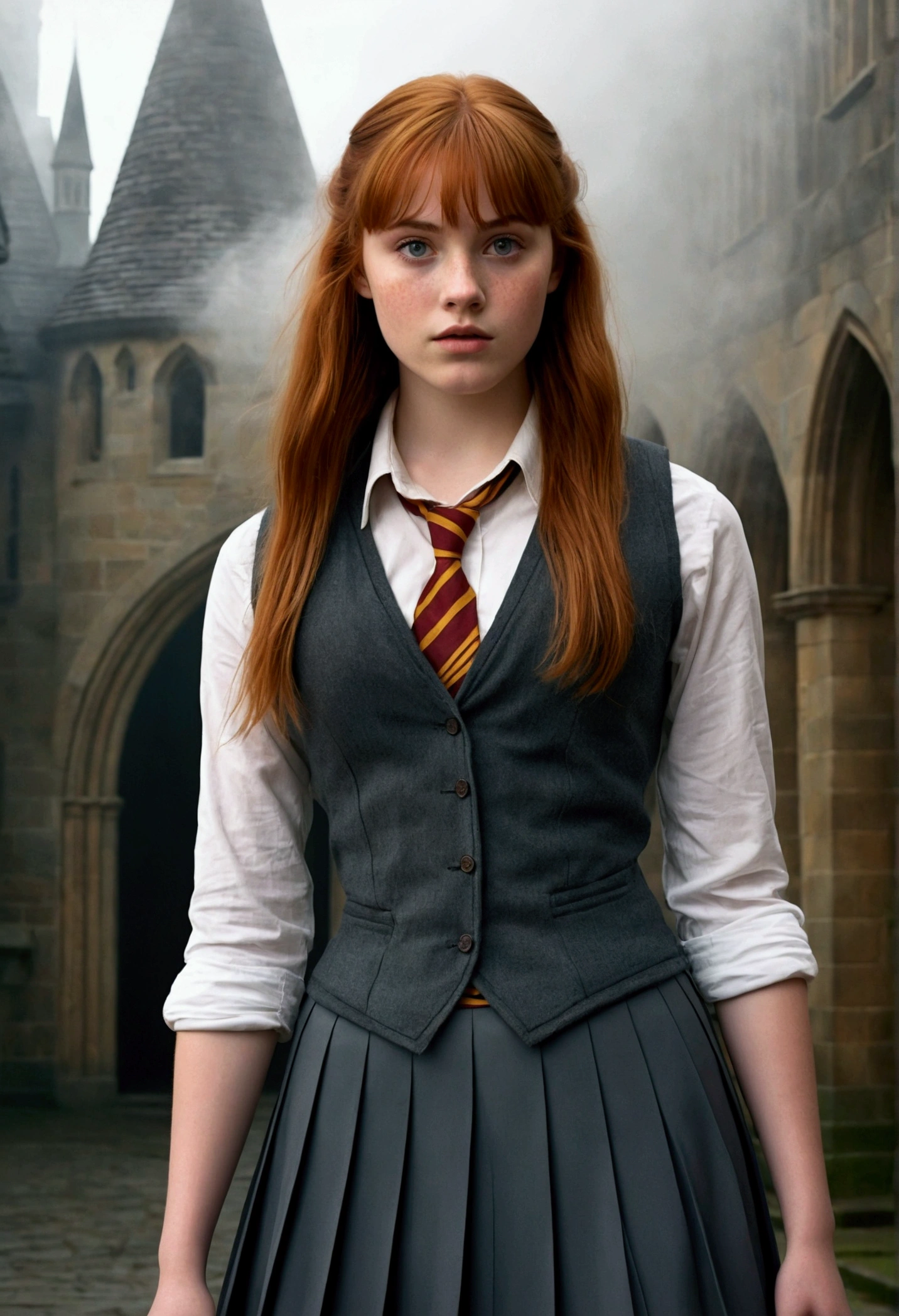 An illustrated movie poster, hand-drawn, full color, a age Hogwarts student, 18-years-old, female, wearing a charcoal vest and a pleated skirt, athletic hourglass figure, busty bosoms, full wide hips, massive round butt, long shapely legs, ridiculously thick powerful thighs, vibrant eyes, deep dark auburn hair, thick shaggy bangs, flushed sun-kissed complexion, freckles, resembles Deborah Ann Woll, standing in a foggy Hogwarts courtyard, surrounded by mist, graphite shading, stencil marks, airbrushed acrylic paint, masterpiece, close-up shot, in the style of the Deathly Hallows