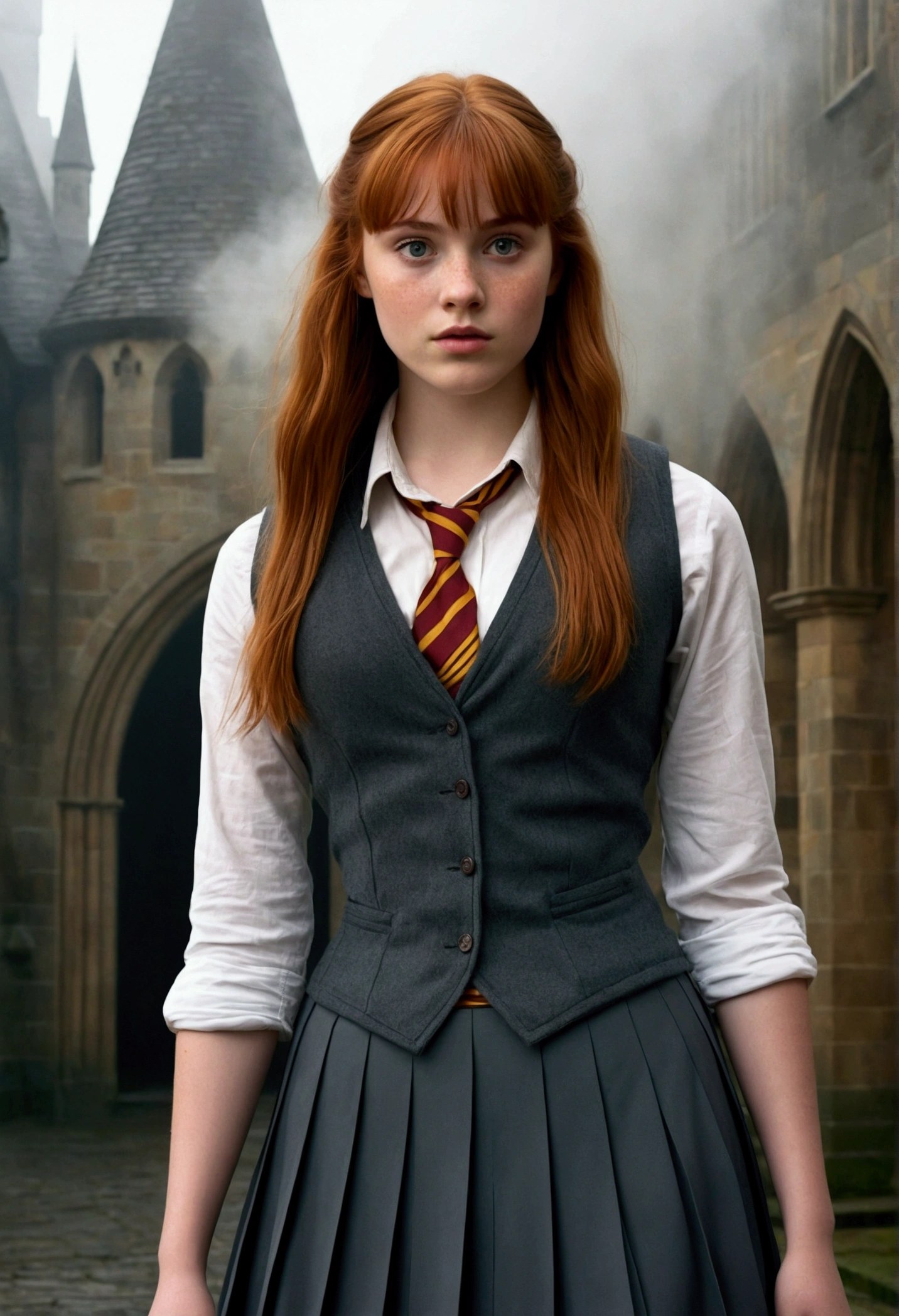 An illustrated movie poster, hand-drawn, full color, a teenage Hogwarts student, 18-years-old, female, wearing a charcoal vest and a pleated skirt, athletic hourglass figure, busty bosoms, full wide hips, massive round butt, long shapely legs, ridiculously thick powerful thighs, vibrant eyes, deep dark auburn hair, thick shaggy bangs, flushed sun-kissed complexion, freckles, resembles Deborah Ann Woll, standing in a foggy Hogwarts courtyard, surrounded by mist, graphite shading, stencil marks, airbrushed acrylic paint, masterpiece, close-up shot, in the style of the Deathly Hallows
