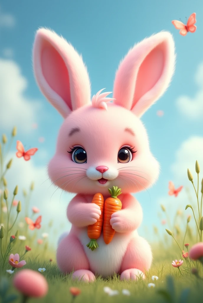 Cute pink bunny with minute detailing holding Carrots, small butterflies, sky with clouds in background greenery around
