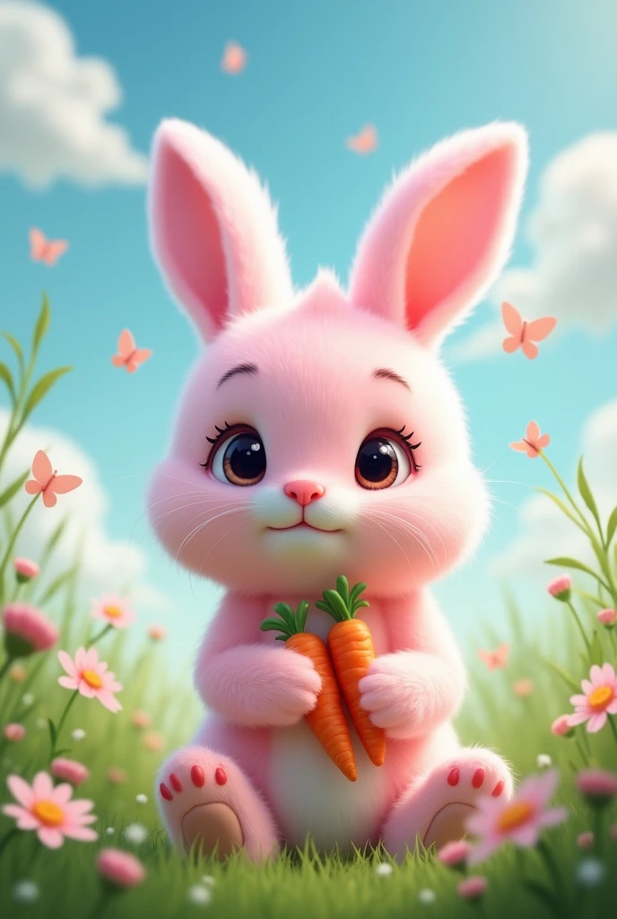 Cute pink bunny with minute detailing holding Carrots, small butterflies, sky with clouds in background greenery around