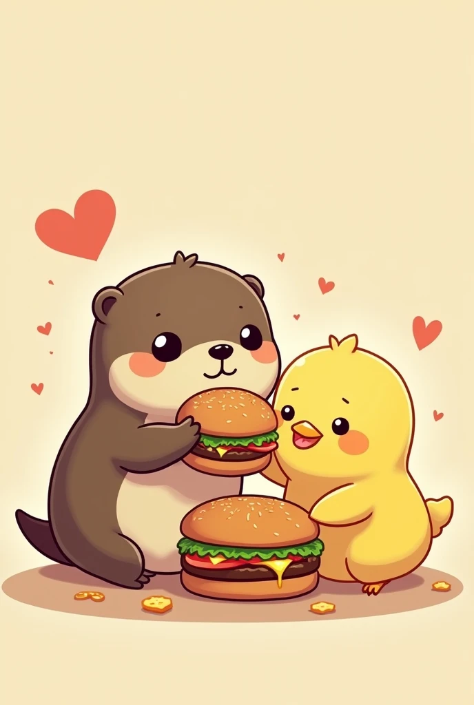 An otter and a chick eating hamburgers, drawn as kawaii emojis