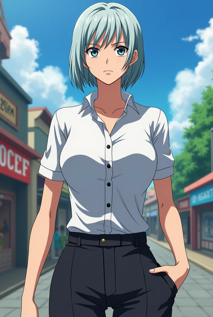 New one piece character, , face with masculine features, woman body, very small breasts, short gray hair,  white and with men&#39;s clothing 
