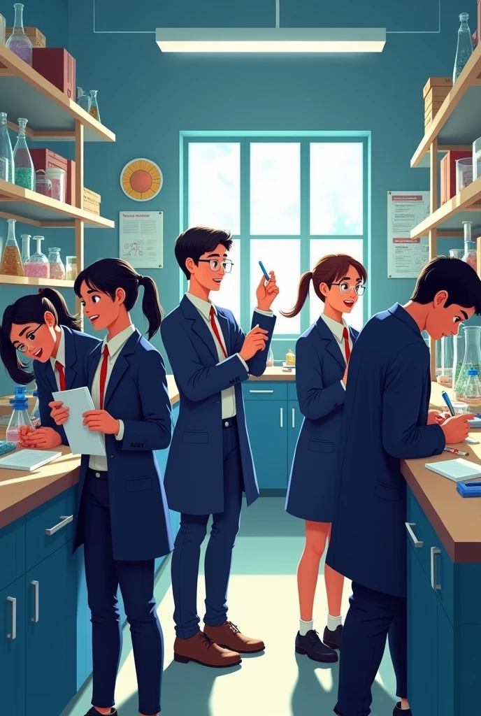Boys and girls aged 12 in dark blue uniforms, Colombians in a laboratory studying happily