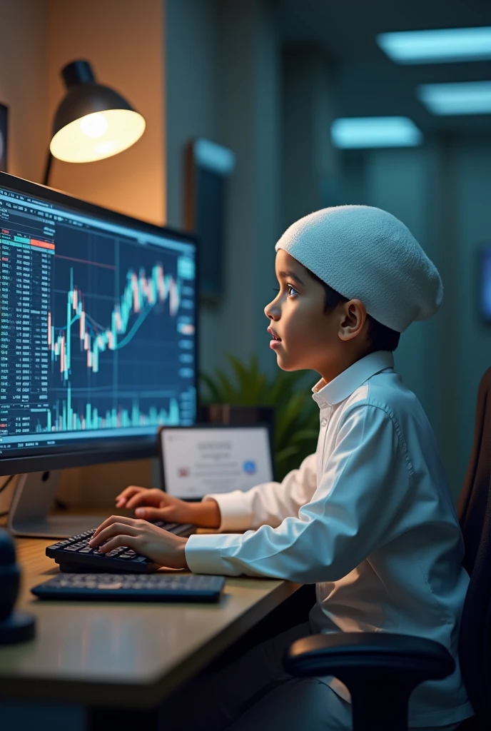 Muslim boy in front of a computer trading forex and sit with a certificate