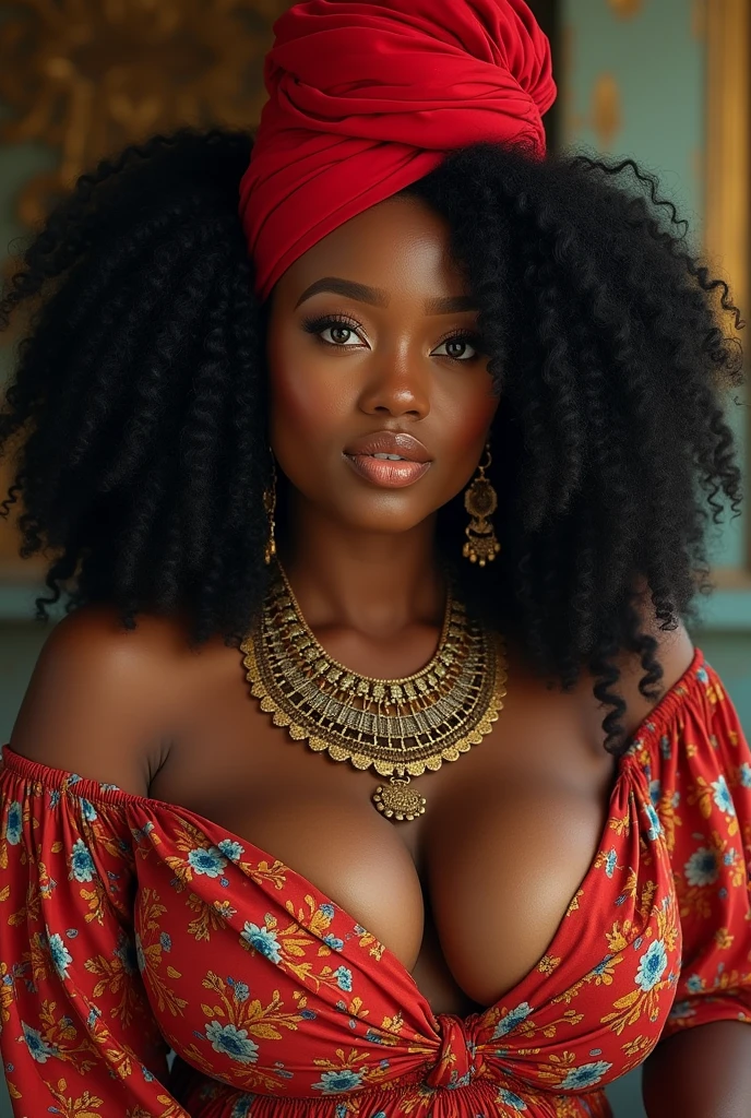 Voluptuous black woman in colorful dress and red turban, with amber eyes and curly black hair 