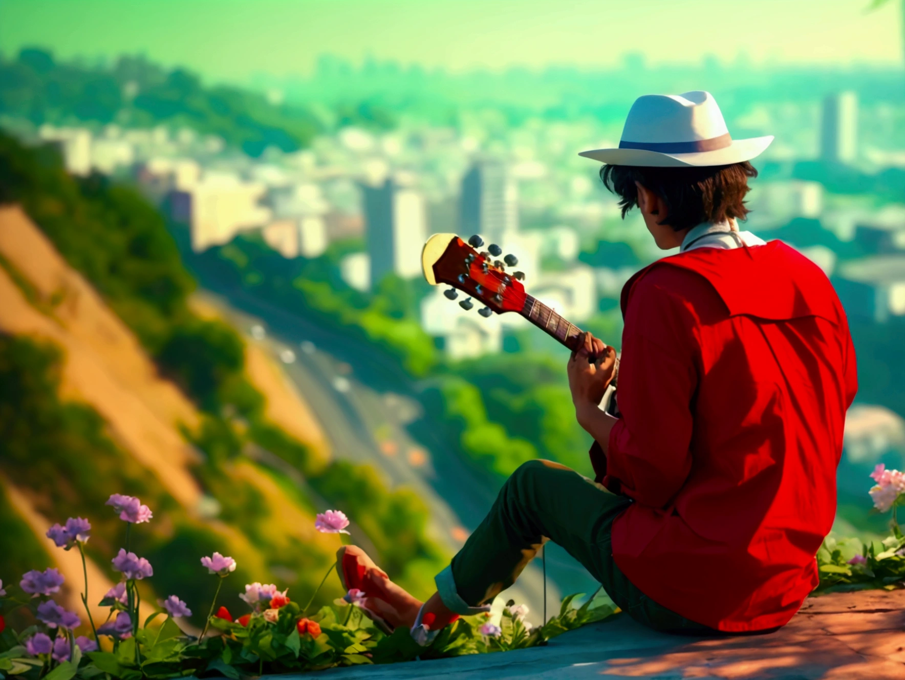 A 21 old(Indian white facial) man singing a pop song playing guitar, seating on heights place looking under the city, green hill, highway from the heights place, the small flowers around the boy, (boy upper were color is red and bottom were is white),( highly detailed),(vivid) realistic image 4k HDR