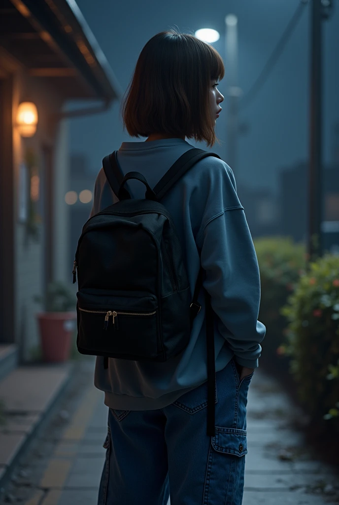 Girl with her back turned and shoulder-length brown straight hair,wide cargo jeans and a sweatshirt,with a black backpack,and in the background a night