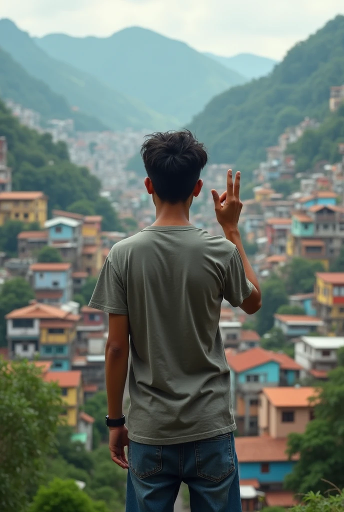 ager with his back turned looking at the favela with his hand making a three finger sign