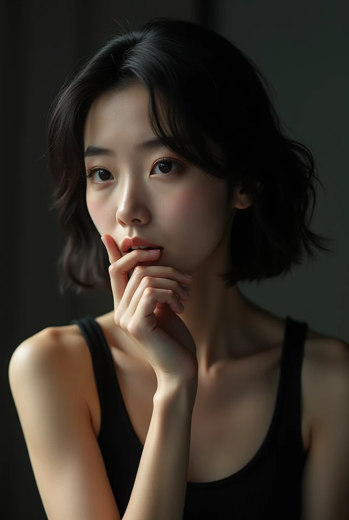 韓国people美女、Small face、Black tank top、Wiping his mouth with the back of his hand、The back of the hand is covered with hands.、Looking at this、Cinematic shots,、Black-haired woman1people, short hair、(Film Grain:1.3, 8k, Awards, Highest quality), High resolution, Super Detail, Attention to detail, Anatomically correct,silhouette、Real、Realistic、8k