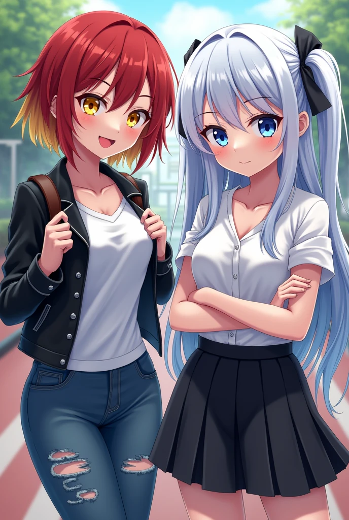 2 girls, busty, schoolyard, BREAK (masterpiece:1.2), best quality, high resolution, unity 8k wallpaper, (illustration:0.8), (beautiful detailed eyes:1.0), extremely detailed face, perfect lighting, extremely detailed CG, (perfect hands, perfect anatomy), (1 girl, busty, with short red hair and yellow streaks, yellow eyes, black leather jacket, white t-shirt, torn jeans, mischievous smile, hands in pockets), (1 girl, busty, with long straight white hair with blue streaks, light blue eyes, white blouse, black pleated skirt, cold face, crossing arms), sharp and sexy anime style