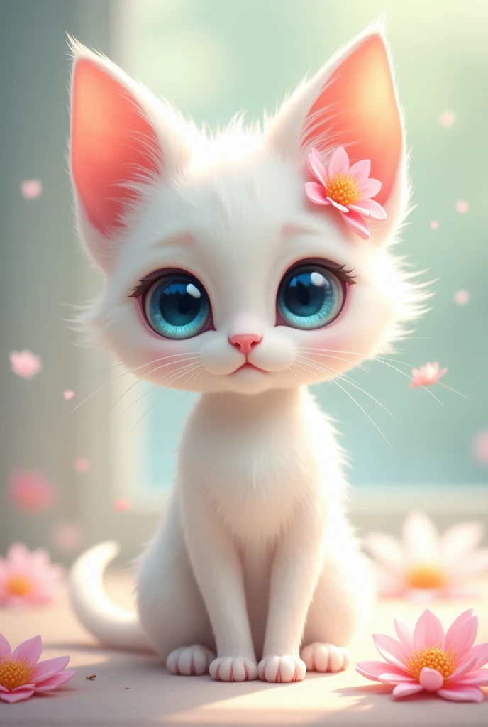very cute slender white female cat, pink flowers on her ears, standing , cute face,large blue eyes, looking innocent 